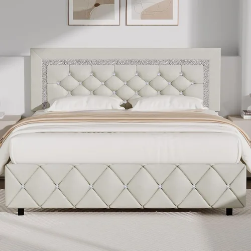Miniatura 9 de BarnFurin Base de cama y cabecero tamaño King, cama tapizada de piel sintética con diseño capitoné de diamante, base de cama de plataforma moderna
