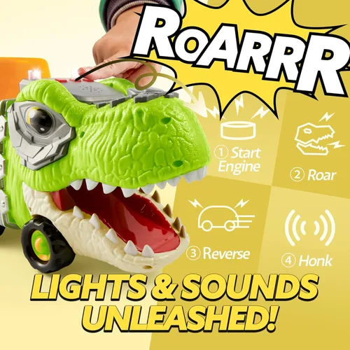 Miniatura 4 de JOYIN Juguetes de dinosaurio para niños de 2 a 4 años, juguetes para niños pequeños, camión transportador de dinosaurios con 6 vehículos de carro
