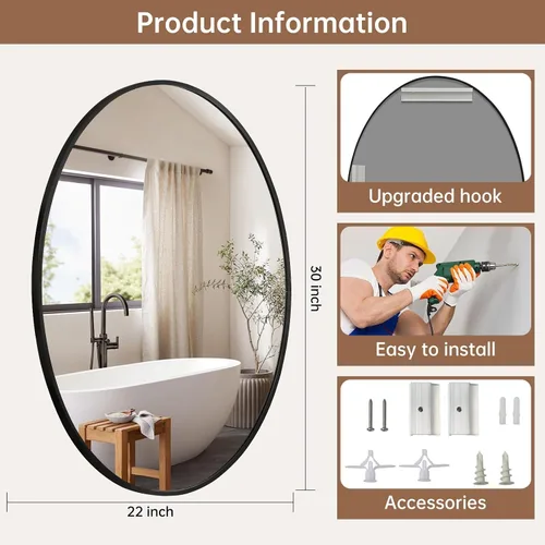 Miniatura 5 de Espejo ovalado negro para baño, espejo de baño ovalado de 22 x 30 pulgadas con marco de metal cepillado, espejo de tocador decorativo montado