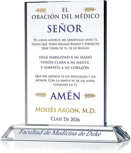 Crystal Central Placa de regalo de graduación de la escuela de medicina cristiana, oración del médico personalizada para hijo, hija, Novio, Novia,