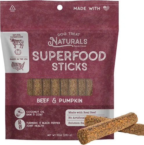 Dog Treat Naturals Palitos de superalimento, carne de res y calabaza, bolsa de 10 onzas, palitos masticables para perros, totalmente naturales,