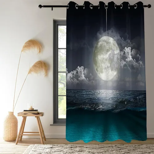 Miniatura 3 de Renaiss Cortinas opacas con luna llena y océano, cortinas de ventana de paisaje nocturno para dormitorio, nivel del mar, cortinas de ventana