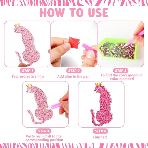 Miniatura 5 de Siifert 15 piezas de llavero de pintura de diamante de preppy kit de pintura de diamante rosa, llavero de cara sonriente de leopardo rosa, lindos