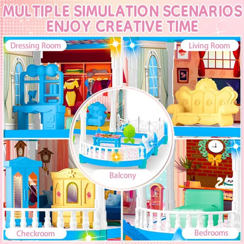 Miniatura 4 de Seifar Casa de muñecas para niñas, 10 habitaciones, juguete de casa azul con figuras de muñecas, cachorros, luces, muebles, accesorios, casa