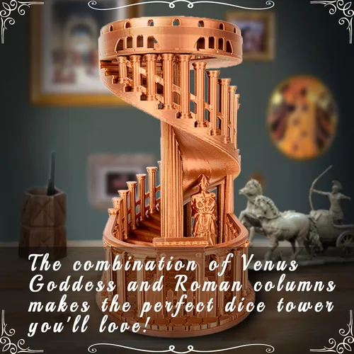 Miniatura 6 de Torre de dados DND con bandeja para juegos de rol, Calabozos y Dragones, D&D, TRPG, 7 dados incluidos, torre rodante perfecta de castillo romano
