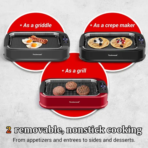 Miniatura 4 de Parrilla sin humo para interiores, Techwood parrilla eléctrica para interiores de 1500W con tapa de vidrio templado, BBQ coreana portátil