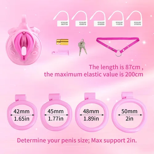 Miniatura 2 de Jaula de castidad masculina ligera ABS + dispositivo de castidad de resina, juguetes sexuales para adultos con 4 tamaños diferentes de anillos, Rosa