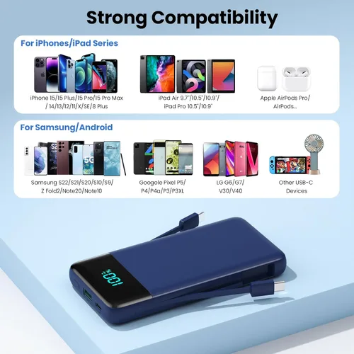 Miniatura 7 de Cargador portátil para iPhone con cables integrados y enchufe de pared, cargador de batería USB C de carga rápida de 13800 mAh, 4 salidas esenciales