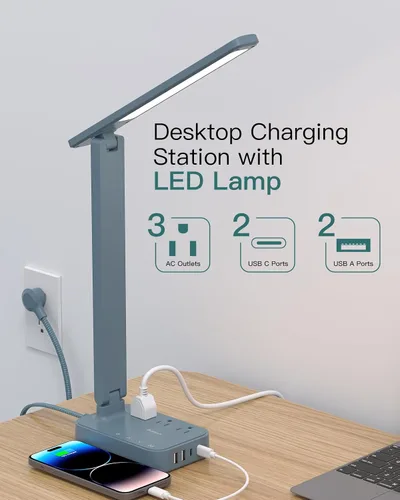 Miniatura 2 de Addtam Lámpara LED de escritorio, tira de alimentación con 3 tomas, 4 puertos de carga USB (2 USBC), 4 modos, lámpara táctil de 5 niveles de brillo