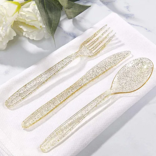 Miniatura 2 de WDF Cubiertos de plástico dorado 360, cubiertos desechables con purpurina dorada, cubiertos de plástico con 120 tenedores, 120 cucharas, 120