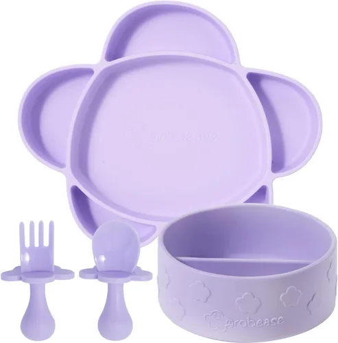 Miniatura 10 de Grabease Juego de platos y cuencos de silicona para bebés, base de succión fuerte y cuencos con succión, fomenta la autoalimentación con utensilios