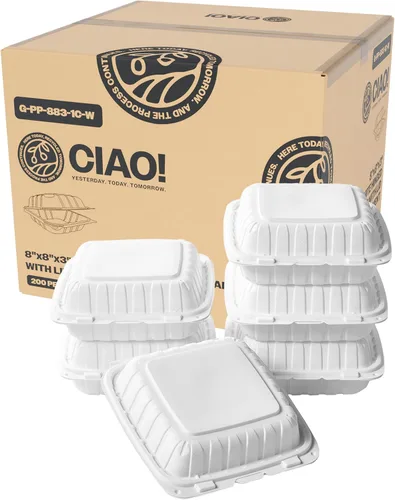 Miniatura 16 de CIAO! Contenedor blanco con bisagras MFPP de 9"x9"x3" con tapa 1 compartimento (caja de 150)