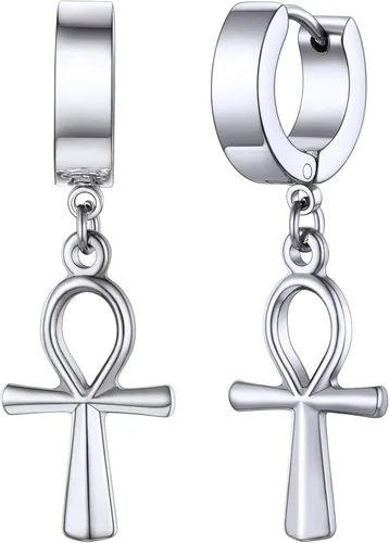 FaithHeart Aretes de aro Huggie para mujer, acero inoxidable, chapado en oro de 18 quilates, aretes colgantes de gota de AnkhCrossCandkBocina