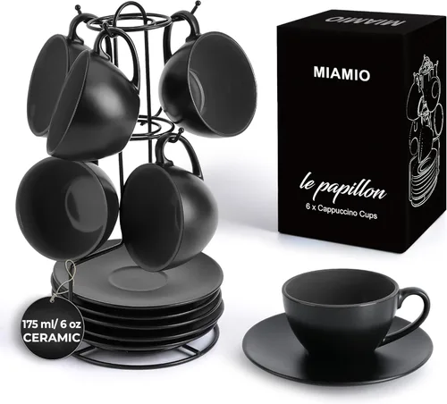 MIAMIO - Juego de 6 tazas de capuchino apilables de cerámica / tazas de capuchino de 6 onzas y platillo con soporte de metal para bebidas de café,