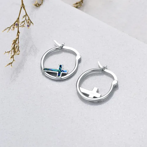 Miniatura 5 de Aretes de aro con cruz para mujer, plata de ley 925, con concha de abulón, regalos para mujeres y niñas