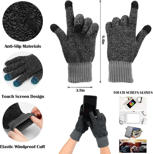 Miniatura 3 de Guantes para hombre para clima frío invierno cálido de felpa gris oscuro gorro de punto grueso para Navidad Año Nuevo regalo de cumpleaños