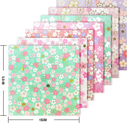 Miniatura 6 de 112 hojas de papel de origami más pesado con patrón de flor de cerezo japonés Sakura Bronzing Chiyogami 6" 15cm papel Washi fácil de plegar