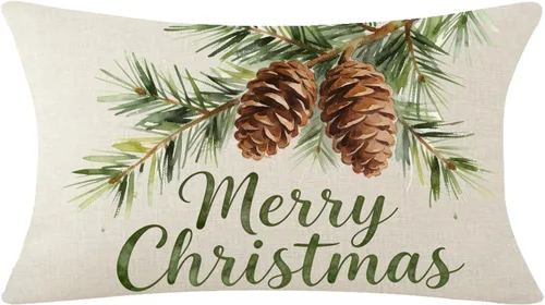 Funda de almohada decorativa de lino y algodón con diseño de hojas de pino verde, diseño de palabras grises, diseño de feliz Navidad, para el hogar,