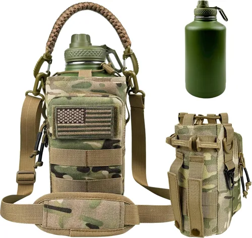Miniatura 13 de Botella de agua aislada de 32 onzas, jarra de agua negra militar de acero inoxidable con manga, botellas de agua para gimnasio para hombres