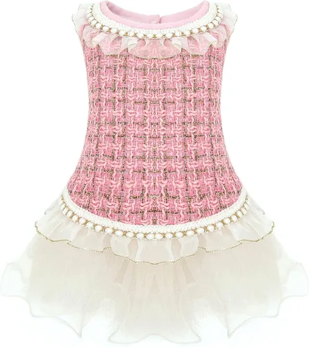 Vestidos de perla de lujo para perros, falda de encaje y tul para perritas pequeñas y medianas para fotografía, Navidad, Halloween (Rosa, Pequeño)