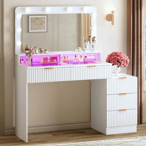 Miniatura 9 de HUAHUU Escritorio de tocador acanalado con espejo y luces, escritorio de maquillaje con parte superior de cristal, mesita de noche y diseño de panel