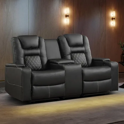 Miniatura 19 de EBELLO Asientos de cine en casa, silla reclinable de imitación de cuero para películas con almacenamiento oculto en los brazos, sofá reclinable