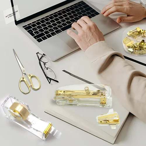 Miniatura 7 de Suministros de oficina dorados, accesorios de escritorio dorados de UPIHO, juego de grapadora y dispensador de cinta con grapadora grande