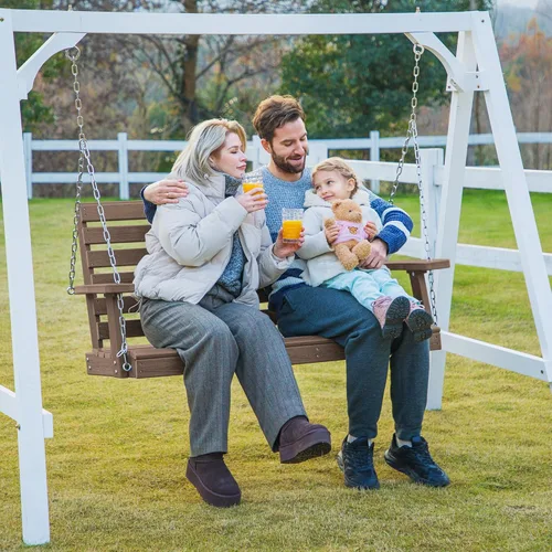 Miniatura 65 de KINGYES Columpio colgante para porche al aire libre, silla de columpio de patio de 2 asientos con portavasos, banco impermeable para patio y jardín