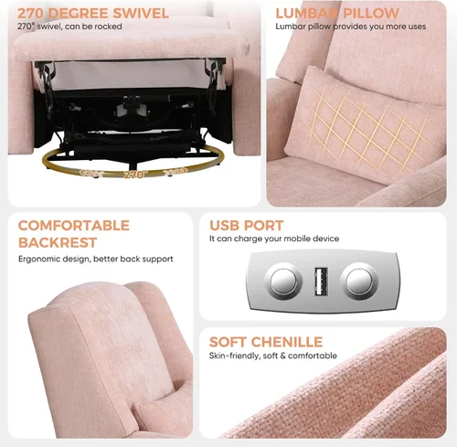 Miniatura 6 de Silla reclinable eléctrica giratoria, planeador grande para guardería con puerto de carga USB, mecedora tapizada de felpilla para dormitorio