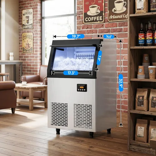 Miniatura 8 de Coolski Máquina de hielo comercial, 200 libras por día, máquina de hielo independiente de acero inoxidable, 45 cubos en 12 minutos, autolimpiante
