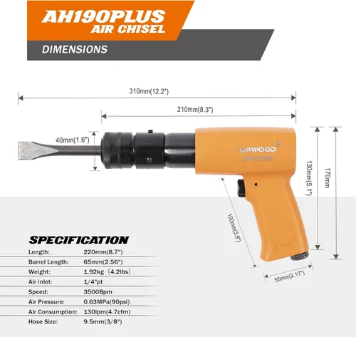 Miniatura 2 de Kit de martillo de aire de barril medio UW-AH190Plus con retenedor de cambio rápido y 4 cinceles, trazo de 2-5/8 pulgadas, 3500 BPM, peso ligero