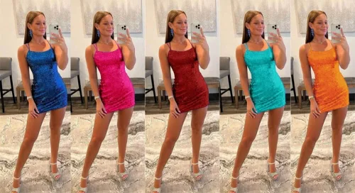 Miniatura 6 de Wchecalino - Vestido corto de cóctel con tirantes delgados y lentejuelas para fiesta de exalumnos, ajustado, brillante, vestido corto de cóctel