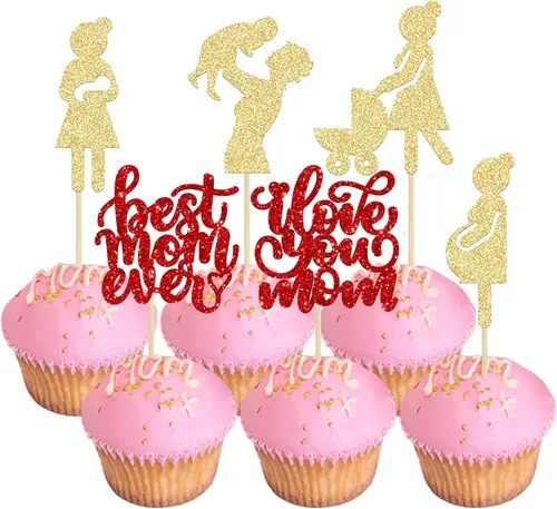 Miniatura 31 de Gyufise 1 pieza de decoración de pastel para el Día de la Madre con purpurina de corazón Love You Mom Cake Pick Rose Flower Best Mom Cupcake Decor