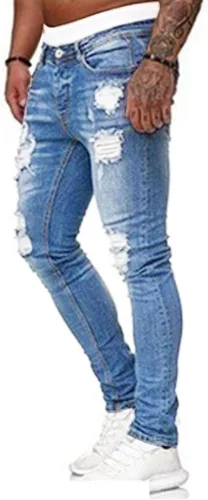 Miniatura 2 de HUNGSON Men's Blue Slim Fit Jeans Stretch Destroyed Ripped Skinny Jeans Side Striped Denim Pants