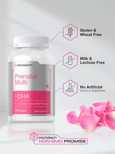 Miniatura 6 de Horbäach Multivitamínico prenatal para mujer con DHA, hierro y ácido fólico, 70 cápsulas blandas, sin OMG y sin gluten
