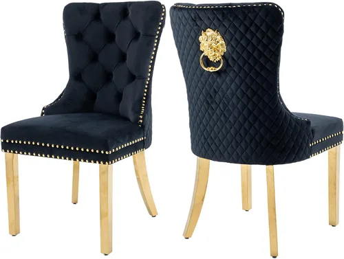 KCC Juego de 2 sillas de comedor tapizadas de terciopelo, modernas sillas capitoné con botones con anillo de cabeza de león y patas de acero Patas