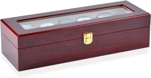 Miniatura 5 de Karamanda Caja de reloj de pintura de madera con 6 ranuras anchas, organizador de almacenamiento de reloj rojo cereza con parte superior de vidrio