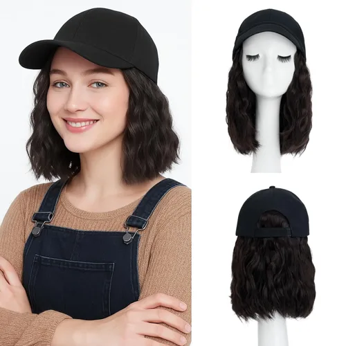 Miniatura 30 de SEGO - Peluca de gorra con pelo adjunto para mujer, gorra negra de béisbol con extensiones de pelo, gorra de béisbol larga y ondulada con ajuste