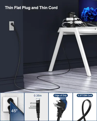 Miniatura 4 de Regleta de Protección contra Sobretensiones Torre Enchufe Plano con 12 Tomas de CA 3 Puertos USB (2 Tipo C), Cable de Extensión Ultra Plano de 6.5