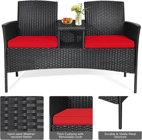 Miniatura 4 de LDAILY Juego de conversación para patio, sofá biplaza de ratán moderno, juego de muebles para exteriores con cojines y mesa extraíbles, juego de Rojo