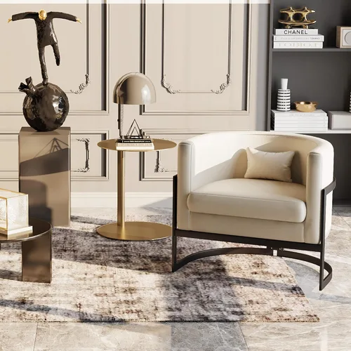 Miniatura 6 de Silla Tapizada Moderna para Sala de Estar, Sillas de Acento Tipo Barril, Sillón de Cuero Sintético, Silla de Salón de Mediados de Siglo, Silla Beige