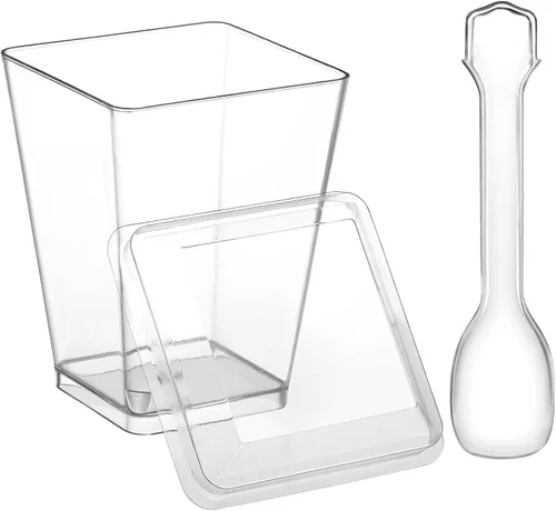 Miniatura 7 de Eupako Paquete de 100 Vasos Cuadrados de Plástico Transparente de 5 oz para Postres con Tapas y Cucharas, Juego de Vasos Pequeños de Plástico 100
