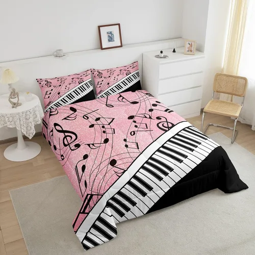 Miniatura 4 de Manfei Juego de edredón musical para niños, tamaño individual, juego de edredón con estampado de notas musicales negras con 1 funda de almohada