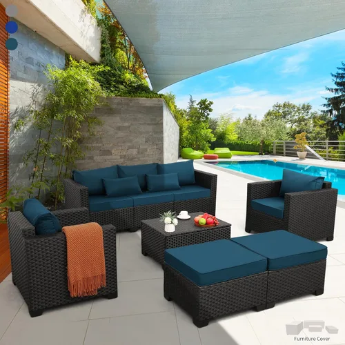 Rattaner Juego de muebles de patio, 6 piezas, sillas de exterior, mesa de café, color azul pavo real, cojines antideslizantes y fundas impermeables