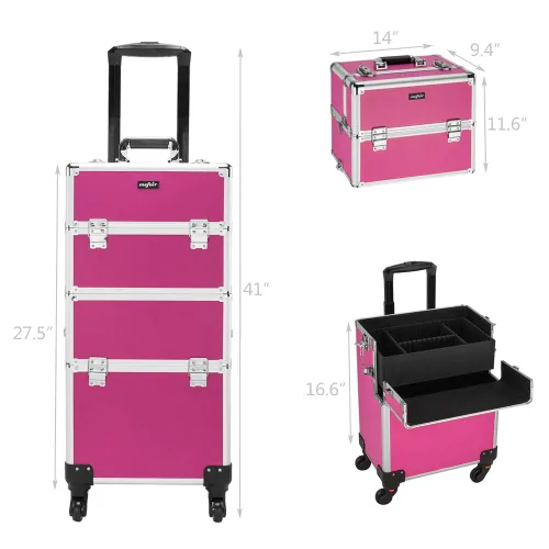 Miniatura 3 de mefeir Estuche de tren de maquillaje rodante 3 en 1, estuche de cosméticos de aluminio para viajes, organizador de maquillaje, estuche de Rosa rosado