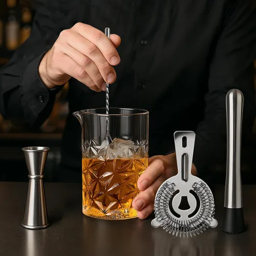Miniatura 3 de Kit de vasos para mezclar cócteles, vidrio agitador de cristal de 24 onzas con herramientas de barra de acero inoxidable – Jigger, Muddler, colador