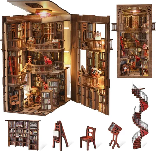 Miniatura 21 de CCCDF - Kit de manualidades para rincón de lectura de biblioteca, kit de casa de muñecas en miniatura, rompecabezas de madera 3D con luces LED