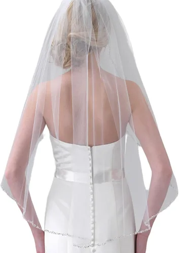 HONGMEI Velo de novia para novias hecho a mano con borde de cuentas de cristal 1 nivel velo de novia con peine