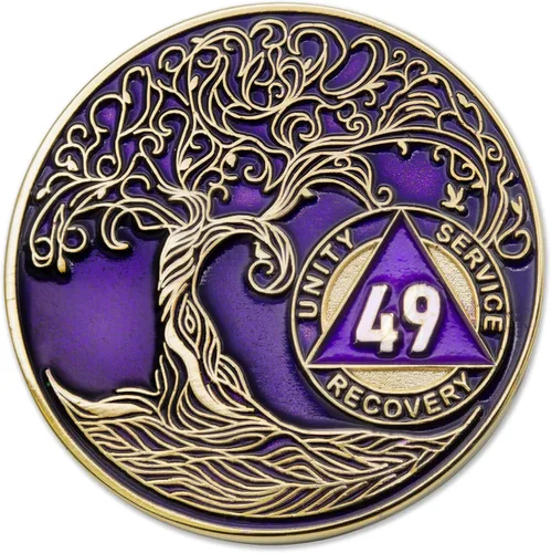 Miniatura 192 de 20 Year Sobriety Mint Twisted Tree of Life - Medallón de recuperación AA chapado en oro, fichas y fichas, color negro