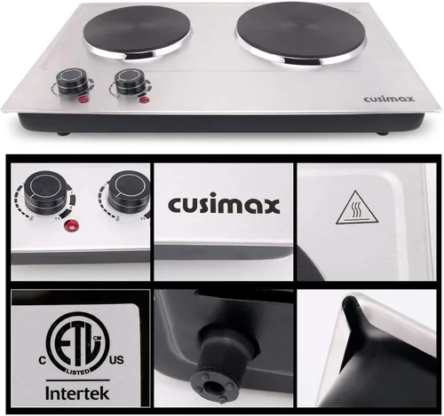Miniatura 8 de CUSIMAX Placa de cocción doble de 1800 W, quemador doble de encimera de acero inoxidable plateado, portátil, eléctrico, placas de cocción de hierro